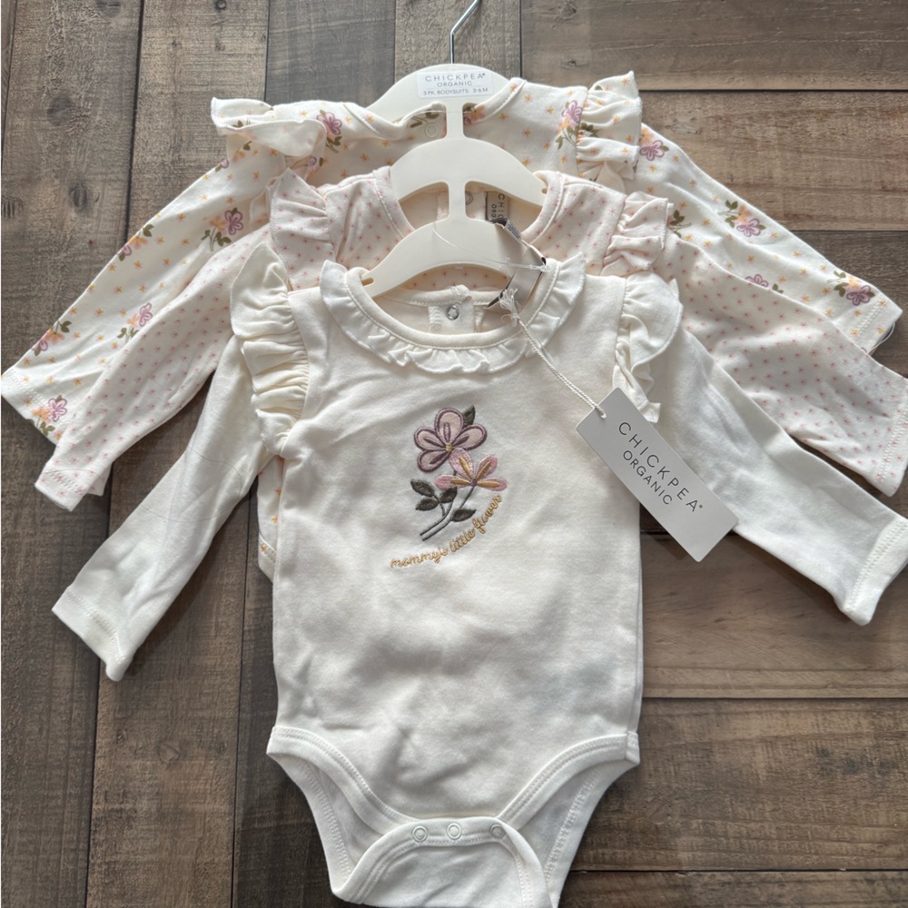 Chickpea Organic 3 Piece Floral Bodysuit Set 3-6M Long Sleeve 100% Cotton